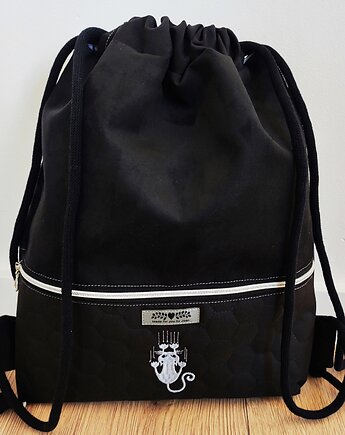 Czarny worek plecak z kotem, Made by Joan