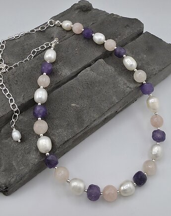 Perła, ametyst, jadeit - naszyjnik, RayOfArt