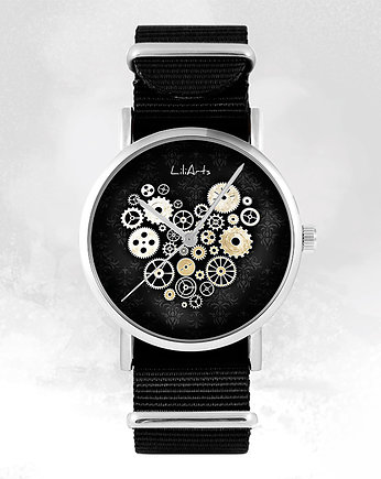 Zegarek - Steampunk czarny - czarny, nylonowy, OKAZJE - Prezent na Wieczór kawalerski