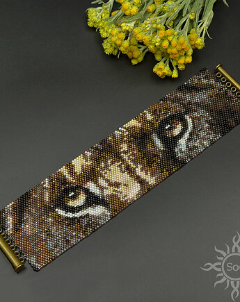 Oczy Lwicy III, szeroka wyplatana bransoleta, beading, Sol