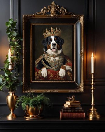 PLAKAT pies Berneńczyk w stroju krolewskim, portret dworski, prezent, black dot studio