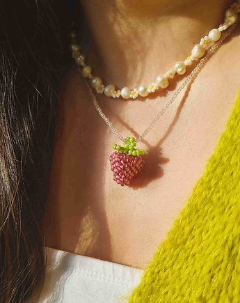 Naszyjnik truskawka Natalka, owocowy naszyjnik ze szklanych koralików, kwiaty biżuteria