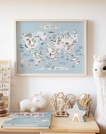 Plakat Mapa Świata Turkusowy Błękit - Obrazek Do Pokoju Dziecka MONTESSORI, OSOBY - Prezent dla narzeczonej