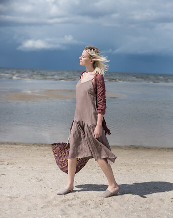 Lniana midi z falbaną mleczna czekolada, LENOUI