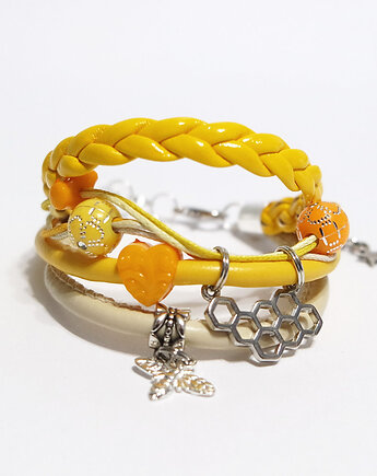 Bransoletka - Żółta pszczoła, plaster miodu - rzemienie, yenoo