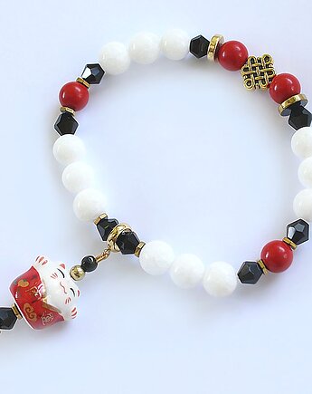 Unikat maneki neko - koral, jadeit, hematyt, onyks, KEIT