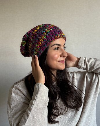 Kolorowa duża czapka beanie z wełną i alpaką, Zasznurowane