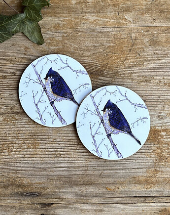 Podkładki pod kubek- Ptaszek w typie sikorki- Czubatka- Ptaki- Ilustracja, BOSKE