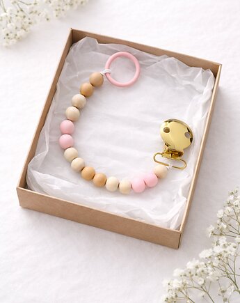 Drewniana zawieszka koralikowa do smoczka dla dziecka z pudełkiem, Mymami