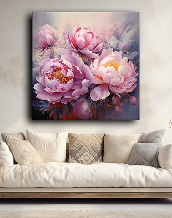Kwiaty peonie - Obraz na płótnie - Druk, Blejtrama - Akwarela, Boho #5, Black Sapphire Art