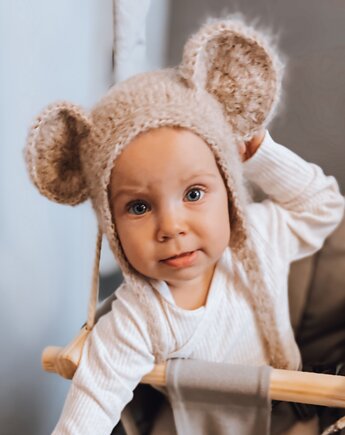 Czapka  Beżowa Myszka  alpaka/merynos, OKAZJE - Prezent na Baby shower