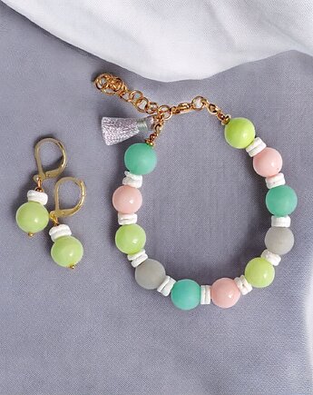 HOT TREND : komplet : bransoletka, kolczyki : pastelle : jadeit 10mm, kaktusia