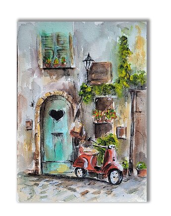 Akwarela ręcznie malowana oryginalna "Włoska Uliczka ze Skuterem", Galeria Alma