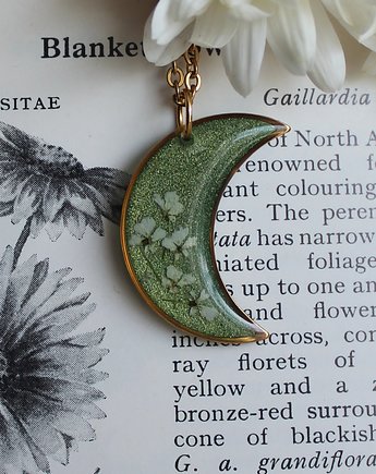 Złoty wisiorek złota zawieszka księżyc zielony brokatowy, zkwiatem