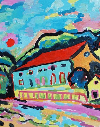 Kolorowy obraz  do salonu pejzaż wioska ekspresjonizm, alice oil on canvas