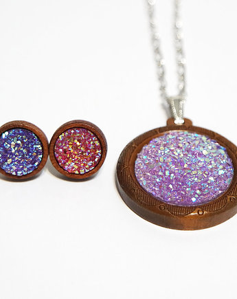 Druzy fioletowe i różowe, drewno - naszyjnik i kolczyki, yenoo