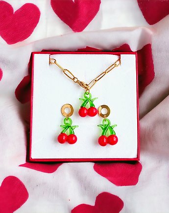 KOMPLET : wisienki : naszyjnik długość regulowana, kolczyki, kaktusia