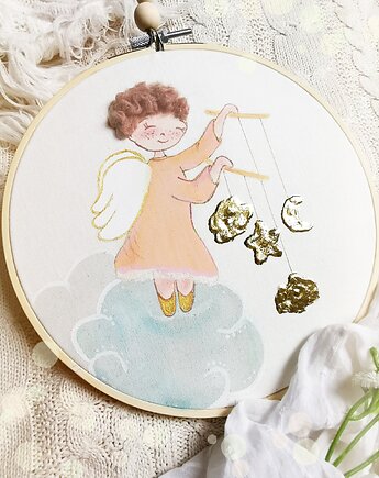 Ręcznie malowany obrazek z aniołkiem na pamiątkę chrztu narodzin, gingerolla