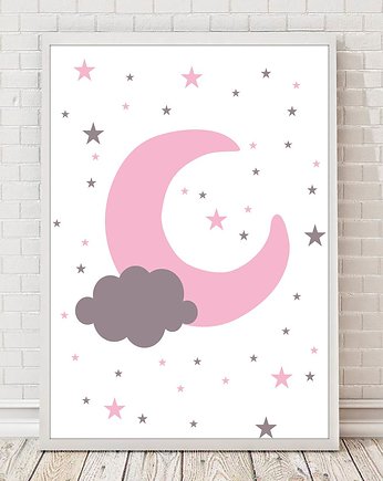 Plakat Różowy księżyc z chmurką, sielankowo