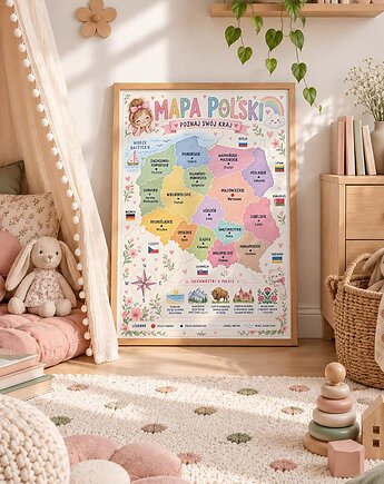 Plakat edukacyjny MAPA POLSKI dla dziewczynki, Dekoracjan