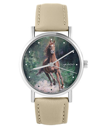 Zegarek - Koń, las - skórzany, beżowy, OKAZJE - Prezenty na 18 dla chłopaka