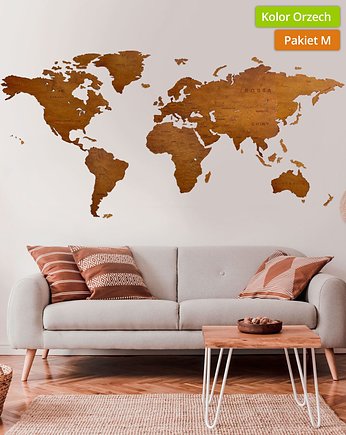 Drewniana Mapa Świata z podpisami państw, kolor Orzech  M, Sikorkanet