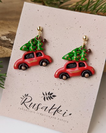 Kolczyki świąteczne auta z choinką, biżuteria na święta bożego narodzenia, Dary Rusałki