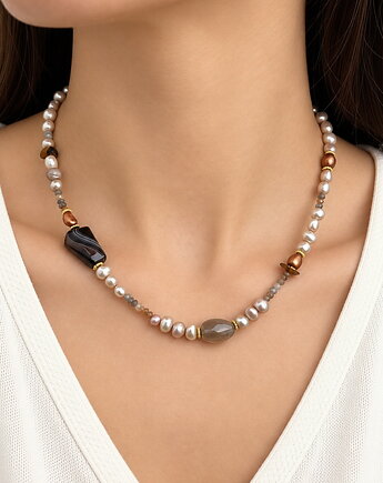 Naszyjnik z naturalnych pereł, minerałów- stal szlachetna 316 pozłacana, Coccola JEWELLERY