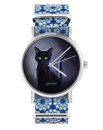Zegarek - Czarny  kot noc - niebieski, kwiaty, OSOBY - Prezent dla teścia