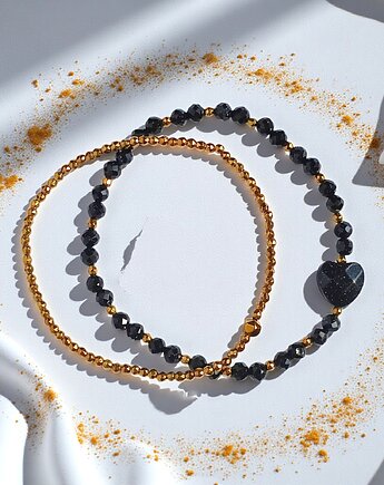 Komplet granatowo-złoty : bransoletki z serduszkami : na prezent, kaktusia