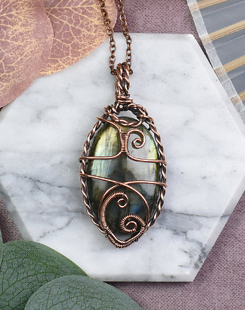 Miedziany wisiorek wire wrapping z labradorytem #537, Spirit Of Copper