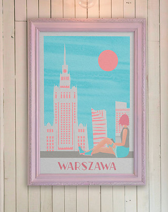 Plakat Warszawa - panorama miasta i Pałac Kultury, minimalmill
