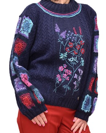 Granatowy sweter z haftami w rozmiarze L/XL, Z drugiej nitki