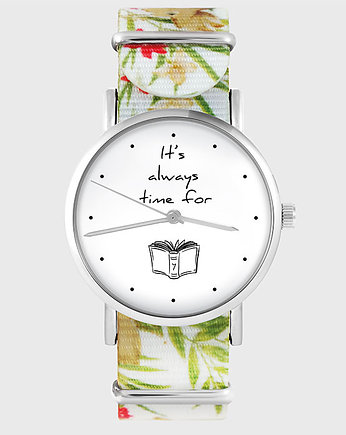Zegarek - Time for book - kwiaty, nato, biały, OSOBY - Prezent dla niej