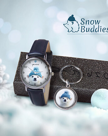 Zestaw prezentowy - Miś polarny - zegarek i brelok - skórzany, granatowy