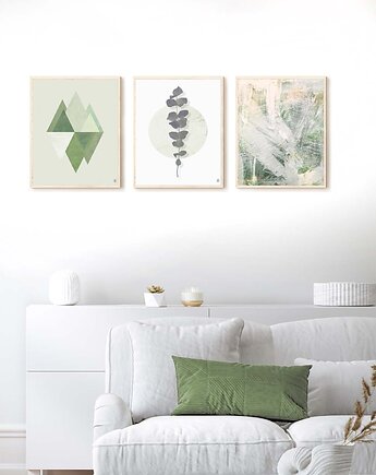 Zestaw plakatów "Delikatna Zieleń": Geometryczny, Botaniczny i Abstrakcyjny, Futuro Design