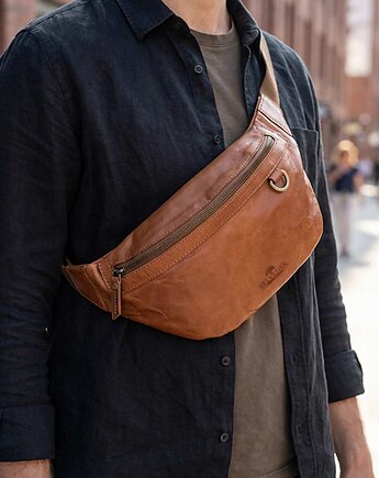 Duża Brązowa Saszetka Nerka Crossbody skóra naturalna vintage B-FB1G, Belveder