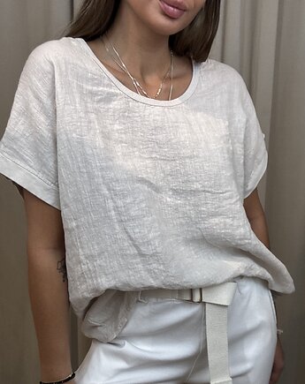Bawełniano-lniana bluzka z ażurowym zdobieniem Beige, SOLO moda