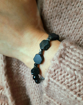 Bransoleta Kobieca  Czerń i Szarość TURMALIN  Amulet, ZIĘBA