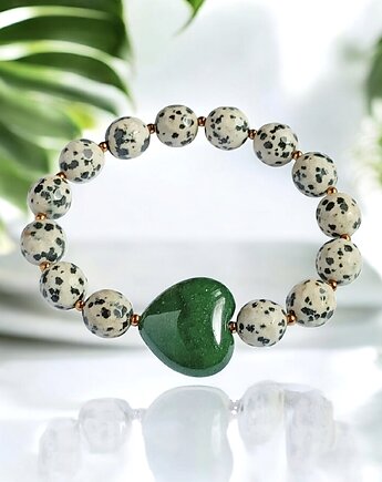 Jaspis dalmatyński i serce : ciemna zieleń : bransoletka na gumce, kaktusia