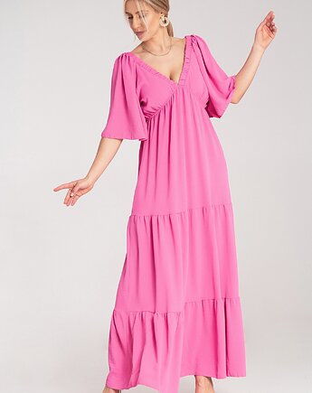 Długa sukienka maxi z dekoltem w serek i rękawem kimono - M1185, FIGL