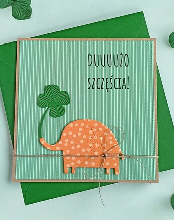 Dużo szczęścia - urocza, uniwersalna kartka - słonik, koniczynka, kaktusia
