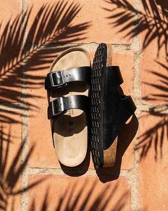 Klapki damskie VANUBA skórzane na korku profilowane czarne, Vanuba