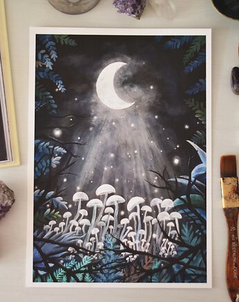 Ilustracja Magiczne grzybki i księżyc, MiloMaluje
