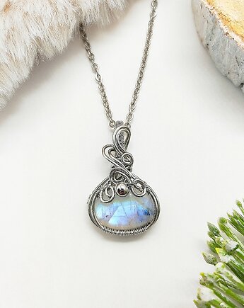 Naszyjnik Kamień Księżycowy stal chirurgiczna wisiorek handmade wirewrapping, byNostawen