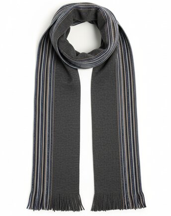 Szalik Męski szal 100% Wełniany szary niebieski w paski, AKADEMIA STYLU