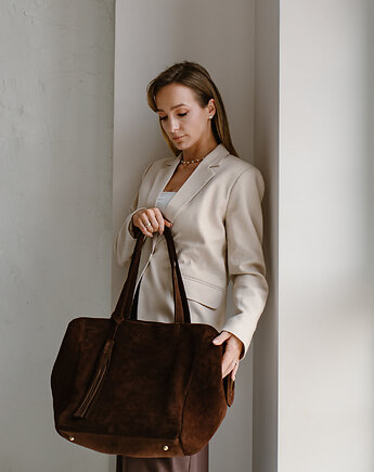 Footloose bez frędzli - skórzana torebka szoperka - zamszowa - brąz, NASHE