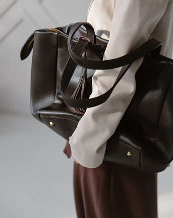 Footloose bez frędzli - skórzana torebka szoperka - brąz ciemny, NASHE