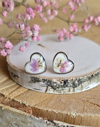 Kolczyki z różowymi kwiatami srebrne kwiaty serca serduszka