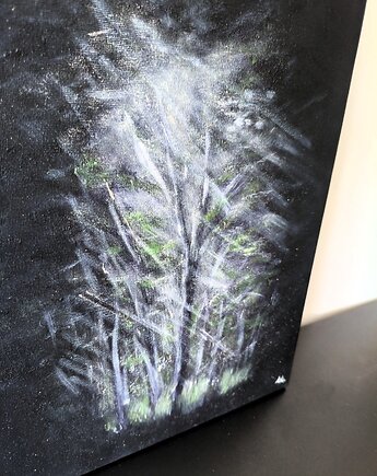 Sekret Nocy Obraz Olej Las 30x40 Srebro Mgła Tajemnica Noc Mrok Drzewo, kkjustpaint Karolina Kamińska
